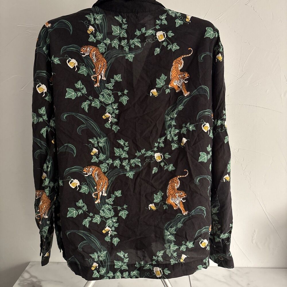 Tombolo "Pub Tiger" Tencel Long Sleeve Shirt L Black Ivy Beer Mug Camp Collar - Picture 5 of 8
